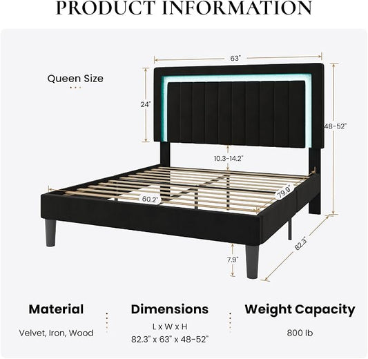 SHA CERLIN Queen Size Velvet Bed Frame with LED Light, Adjustable Vertical Channel Tufted Headboard, Strong Wooden Slats Support, Noise-Free, No Box Spring Needed, Black