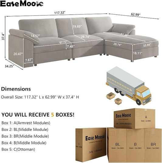 EASE MOOSE Oversized L Shape Sectional Modular Sofa, Wide Deep Seat Couch Large Modular Cloud Sectional Couch,Removable Cover,Light Gray