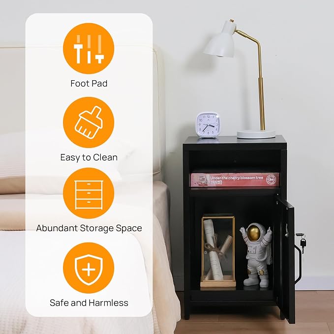 ALBAD Compact Metal Nightstand with Lockable Cabinet and Open Shelf, Modern Bedside Table, Versatile Side Table for Bedroom, Living Room, or Office (Black, 26" H-Lockable Door)