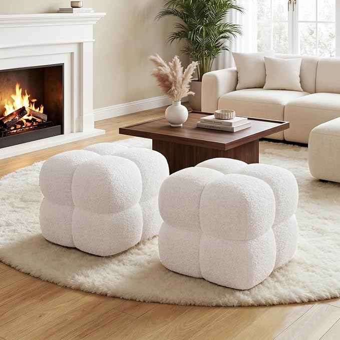 Zesthouse Square Pouf Ottomans Set of 2, Modern Backless Vanity Stool for Bedroom, White Fuzzy Foot Rest for Couch, Upholstered Tufted Footstool, Sherpa Fabric Ottoman Coffee Table for Living Room