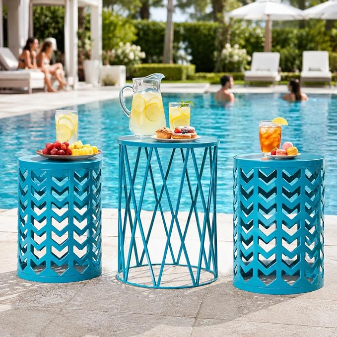 Nesting Side Table Set of 3 Decorative Round Garden Stools for Indoor Outdoor Heavy Duty Metal Frame Side Table Nightstands Modern End Table Plant Stand, Blue