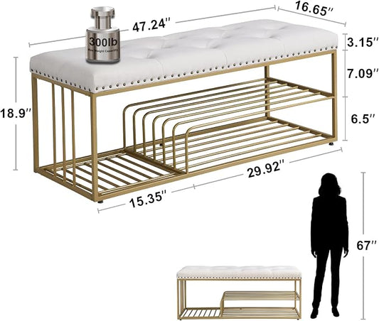 Linen Bench with Storage-Entryway Shoe Storage with Tufted Padded Seat,Gold Mental Frame Ottoman Bench for Bedroom Entry Window Mudroom Living Room,Beige