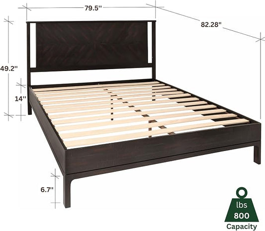 Bme Vivian 14 Inch Deluxe Bed Frame with Headboard, Rustic & Scandinavian Style with Solid Acacia Wood, No Box Spring Needed, 12 Strong Wood Slat Support, Easy Assembly, King, Rustic Black