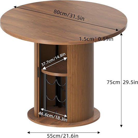 Wildhome Round Dining Table for 2-3, 31 Inch Dining Room Kitchen Table with 2-Tier Storage Shelf & Wine Rack, Modern Farmhouse Fluted Wood Slide Door Dinner Furniture,Circle(Non scalable-32 In-Walnut)
