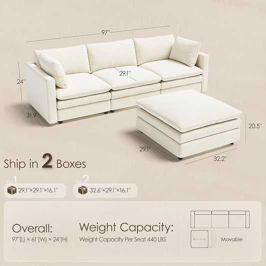 97" Cloud Couches for Living Room, 29.1" Deep Seat Modular Sectional Sofa, L Shaped Cloud Sofa with One Movable Ottoman
