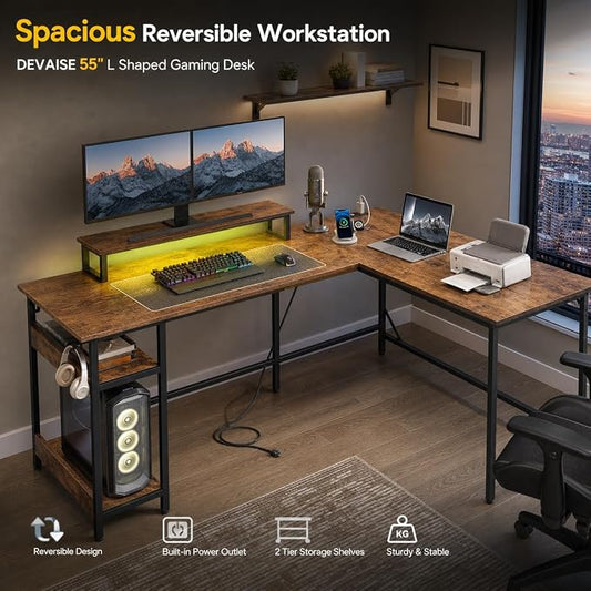 DEVAISE Spacious 55" L Shaped Gaming Desk with LED Lights and Power Outlets - Reversible Corner Computer Table with Monitor Stand and Storage Shelves for Work and Gaming, Rustic Brown