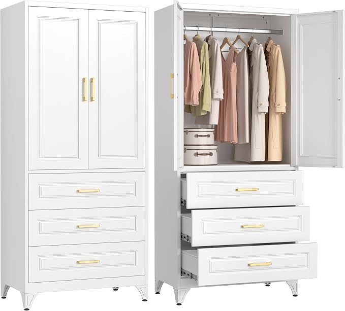 Polup Metal Armoire Wardrobe Closet with Three Drawers, 71“ Tall Large Wardrobe Cabinet with Hanging Rod, Freestanding Wardrobe Cabinet with Doors for Bedroom, White, Assemble Required