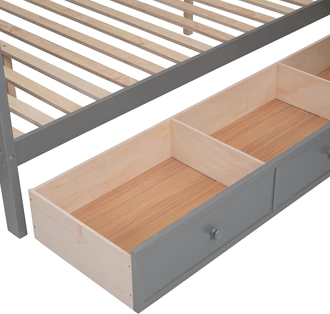 L-Shaped Bunk Bed for 4 Kids, Twin-Twin Over Full with 3 Drawers, Portable Desk and Wardrobe, Solid Wood Bedframe with Stairs and Full-Length Guardrails, No Box Spring Needed (Gray)