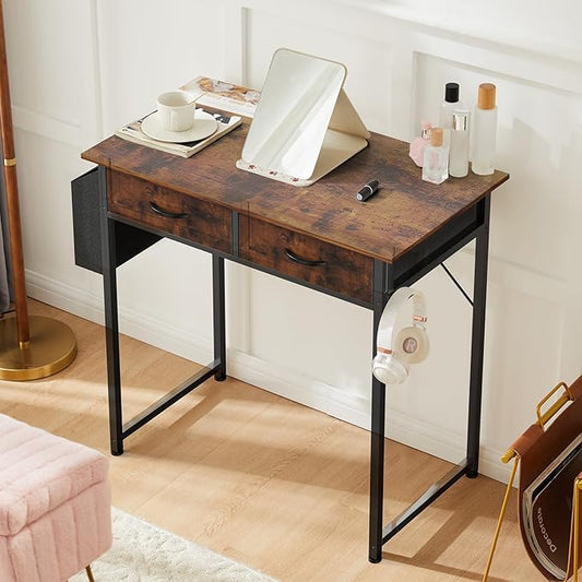 DUMOS 32" Small Home Office Computer Desk with Drawers, Gaming Writing Study Table with Storage Side Bag, Headphone Hook and Adjustable Feet for Bedroom and Escritorio, Brown