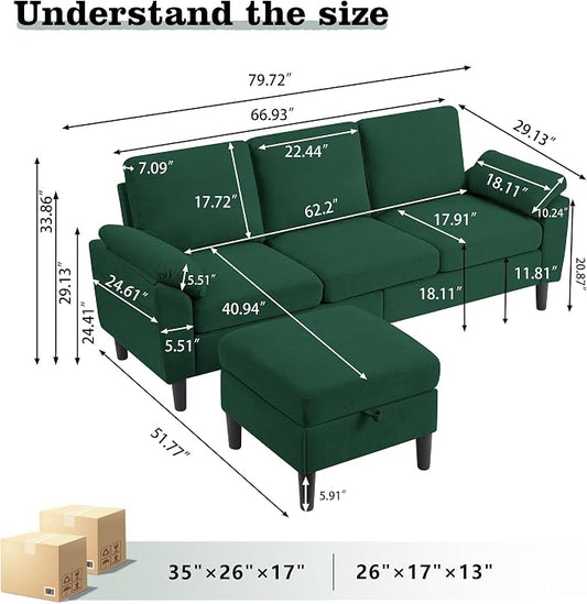 80" Convertible Sectional Sofa, Modern Linen Small L Shaped Couch with Reversible Chaise and Storage Ottoman, 3-Seat Sofa Couches for Living Room, Office, Apartment, Green