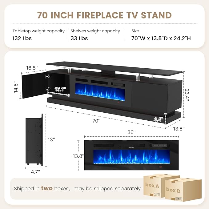 70" Fireplace TV Stand, Modern Entertainment Center for TVs Up to 80”, TV Console with Storage Cabinets, Media Console for Living Room, Black TV Stand and Black Fireplace