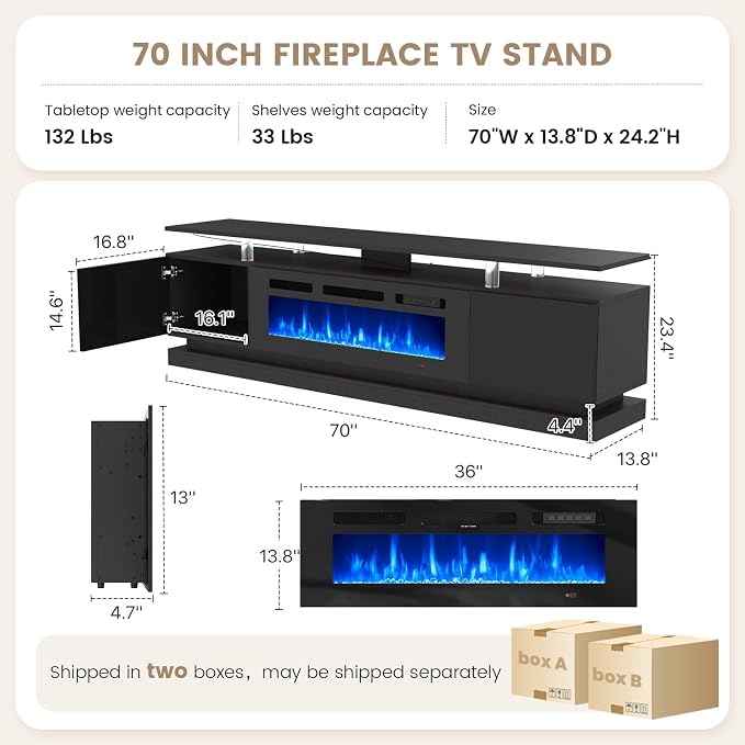 70" Fireplace TV Stand, Modern Entertainment Center for TVs Up to 80", TV Console with Storage Cabinets, Media Console for Living Room, WI-FI Enabled Black TV Stand and Black Fireplace