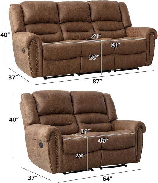 CANMOV Faux Leather Manual Recliner Sofa Set,Manual Reclining Sofa and Recliner Loveseat with Overstuffed Armrest for Living Room,Bedroom Furniture,Office,Nut Brown