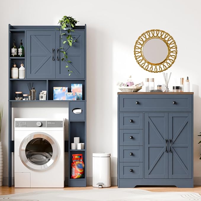 Vabches Farmhouse Storage Cabinet with 2 Doors and 5 Drawers, Freestanding Bathroom Cabinets Kitchen Pantry, Floor Storage Cabinet Hutch Cupboard for Living Room/Bathroom/Kitchen.Blue
