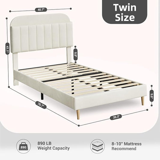 IDEALHOUSE Twin Bed Frames, Upholstered Platform Bed Frame with Bookcase Headboard, Velvet Platform Bed Mattress Foundation, Heavy Duty Steel Support Legs, Easy Assembly, Noise Free, Cream White