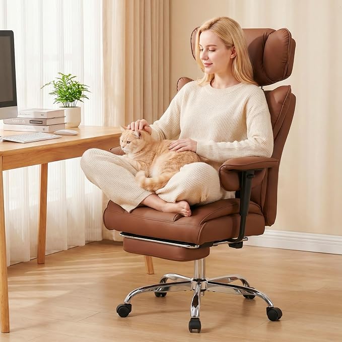 DUMOS Big and Tall Home Office Desk Chair, Ergonomic Executive Chair with Footrest, Computer Gaming Chairs with High Back Reclining, Adjustable Armrests and Comfy Lumbar Support, PU Leather, Brown
