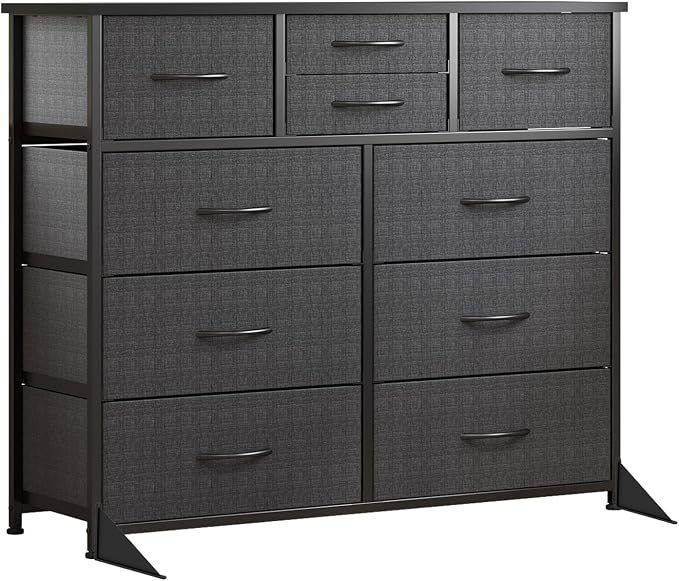 LUMTOK 10-Drawer Dresser, Fabric Storage Tower with Drawers for Bedroom, Dresser Drawer with Handle for Bedroom, Living Room, Hallway, Closets & Nurseryteel Frame, Wood Top (10 Drawer/Grey)