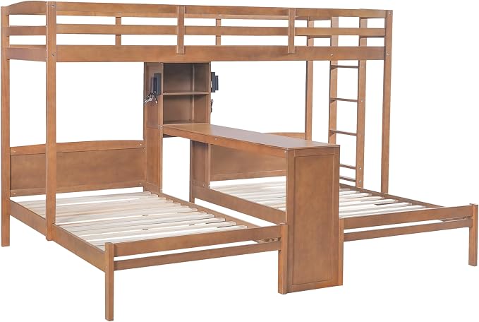 VilroCaz Twin Over Twin & Twin Bunk Bed with Built-in Desk and Storage Shelves, 3 Beds in 1 Design Solid Wood Triple Bunk Bed with Reading Lamp and Guardrails for Kids Teens Aldults (Natural-2.14)