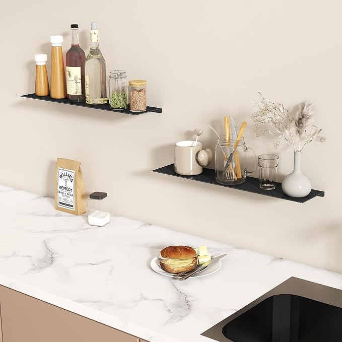 MKO 20" Floating Shelves for Wall, Long Metal Wall Mounted Shelf for Bathroom, Bedroom, Living Room, Kitchen, Display Hanging Shelves for Books/Storage/Room Decor 2 Packs, Black