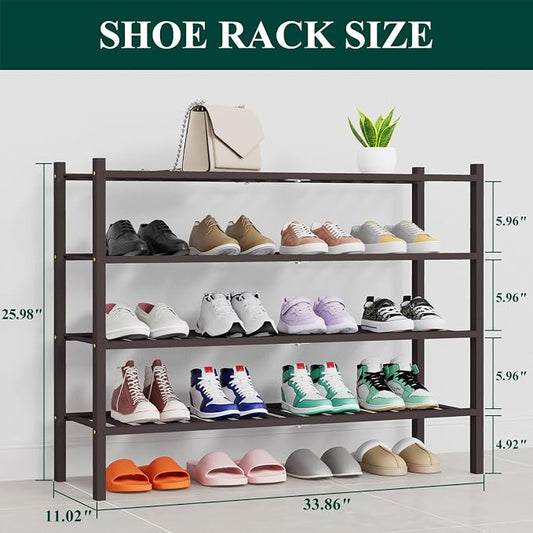 Smiry Long Bamboo Shoe Rack, 4 Tier Free Standing Wooden Shoe Organizer, Stackable Wood Shoe Storage Shelf for Closet, Entryway, 14 Vertical Slats, 2+2 Stack Heavy-Duty Legs, 33.7"x11"x26", Brown
