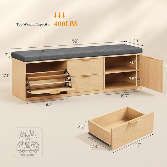59" Storage Bench with Cushion and Flip Drawer, 2-Tier Entryway Bench with Storage, Shoe Bench with Cabinet, 2 Storage Drawer, Adjustable Shelf, for Entryway, Bedroom, Living Room, Natural