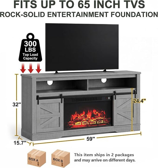 YESHOMY Fireplace TV Stand for Television up to 65+ Inch with Storage and Farmhouse Sliding Barn Doors, Entertainment Center with Cabinet and Shelves, Media Console for Living Room,Rustic Gray