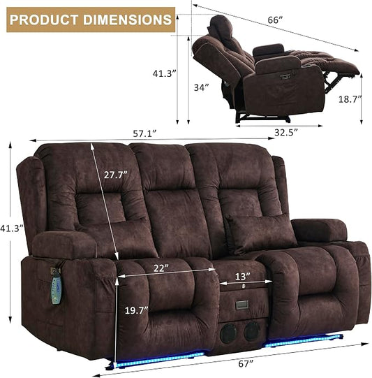 URRED Power Loveseat Recliner Sofa with Massage and Heat, Wall Hugger Reclining Loveseat with Console, RV Couch Home Theater Seating with LED Lights for Living Room (Brown, 67" - 2 Seats)
