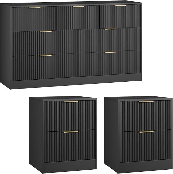 7 Drawer Dresser & Nightstand Set 3-Piece, 55” Wide Bedroom Dressers and Night Stand Set of 2 with Metal Handle, Fluted Modern Wood Chest of Drawers Storage Dressers Set for Bedroom, Black