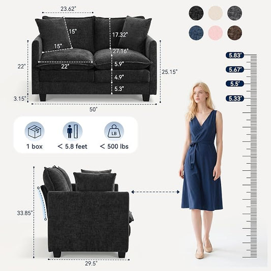 3 Seater Couch & Loveseat Sofa 2 Piece Set, Small 50" Love Seat & 69" Cloud 3 Seat Couch Sofa Set Washable Chenille Pillow Living Room Set for Apartment Office 8833-BLACK-3+2