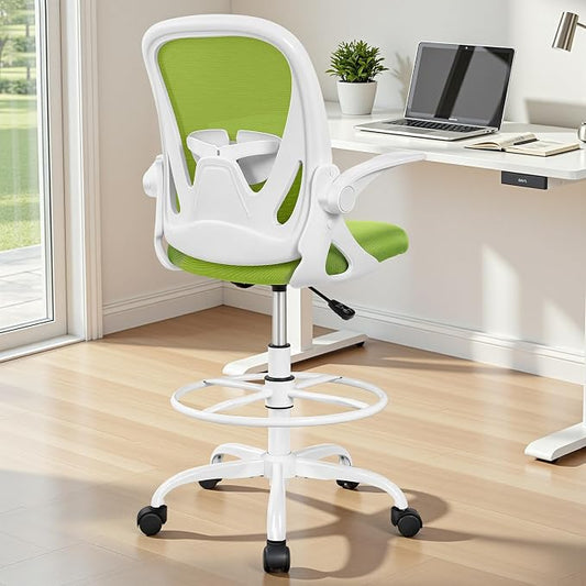 Primy Drafting Chair Tall Office Chair with Flip-up Armrests Executive Ergonomic Computer Standing Desk Chair with Lumbar Support and Adjustable Footrest Ring (Green)