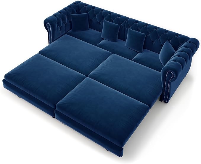 89'' Pull Out Sofa Bed King, Chesterfield Velvet Sleeper Sofa, Convertible L-Shaped Futon Couch, Tufted Back, 4 Pillows, Ottoman, Deep Seat Loveseat Couches for Living Room, Apartment, Blue