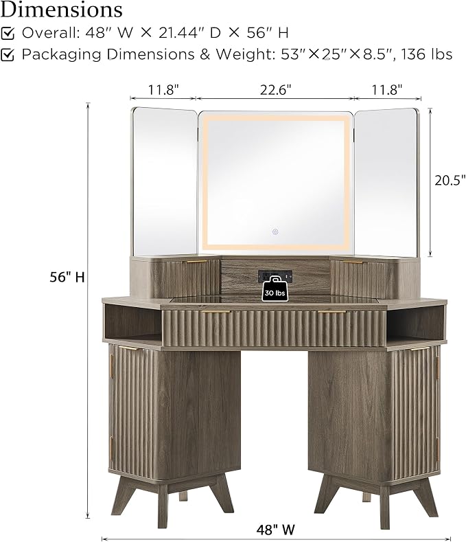 T4TREAM Fluted Makeup Vanity Desk with 3 Way Mirror and Lights, 48" Large Corner Vanity Table with Glass Top, Charging Station, 3 Drawers, Storage Cabinets & Shelves, for Bedroom, Grey Alder