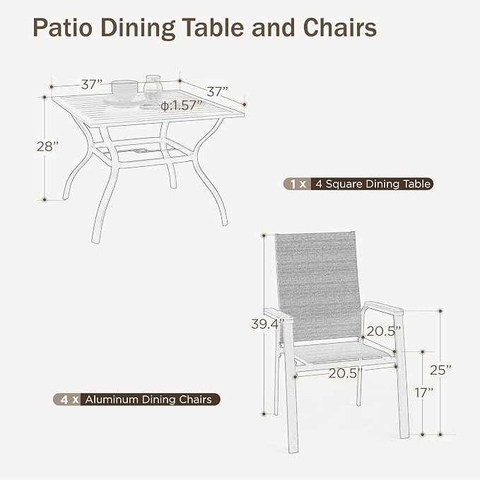 PHI VILLA 5 PCS Patio Dining Set, 4 Outdoor Aluminum Stackable Sling Chairs with Armrest & 1 Square Metal Dining Table with 1.57" Umbrella Hole, Outdoor Furniture for Deck, Beige
