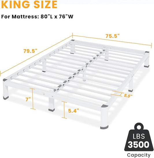 7 Inch King Bed Frame, Metal Platform Bed Frame with Round Corner Legs, 3500 lbs Heavy Duty Steel Slats Support, No Box Spring Needed, Noise Free, Easy Assembly, White