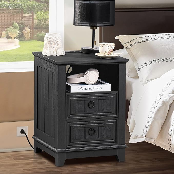 Joaxswe 18" Farmhouse Night Stand with Charging Station, 2 Drawers End Table Dresser for Bedroom, Black Wooden Nightstand, Bed Side Table with Open Shelf, Bedside Cabinet for Living Room, Closet