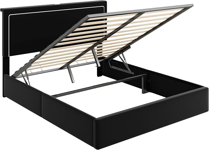 Allewie Queen Size Lift Up Storage Bed Frame with Charging Station & LED Lights, Adjustable Velvet Upholstered Storage Headboard, Type-C & USB Ports, Hydraulic Support, No Box Spring Needed, Black