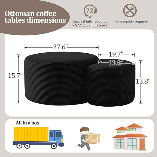 BSHOMGI Boneless Ottoman Nesting Coffee Table Set of 2,Corduroy Soft Foot Rest Movable Large Pouf Footstool for Living Room Sofa Couch Bedroom Entryway and Small Spaces No Assembly (Black)