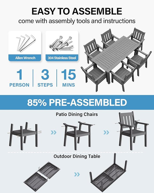 YEFU HIPS Patio Table Set: 7 Piece Patio Table and Chairs Outdoor Furniture Set with Umbrella Hole - Gray Modern Plastic Dining Sets 6 Person for Outside Deck with Metal Aluminum Frame
