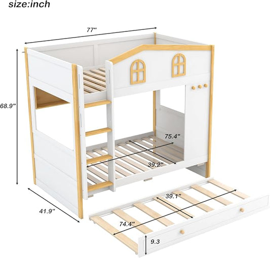 Bellemave Bunk beds Twin Over Twin with Twin Size Trundle, Low bunk Bed for Kids Adults and Teenagers,White