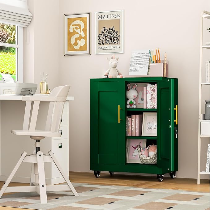 Metal Storage Cabinet with Wheels, 36" Tall Locking Storage Cabinet with 2 Adjustable Shelves, Locking Garage Cabinet, Steel Locker Organizer, for Office, Home, School, Green