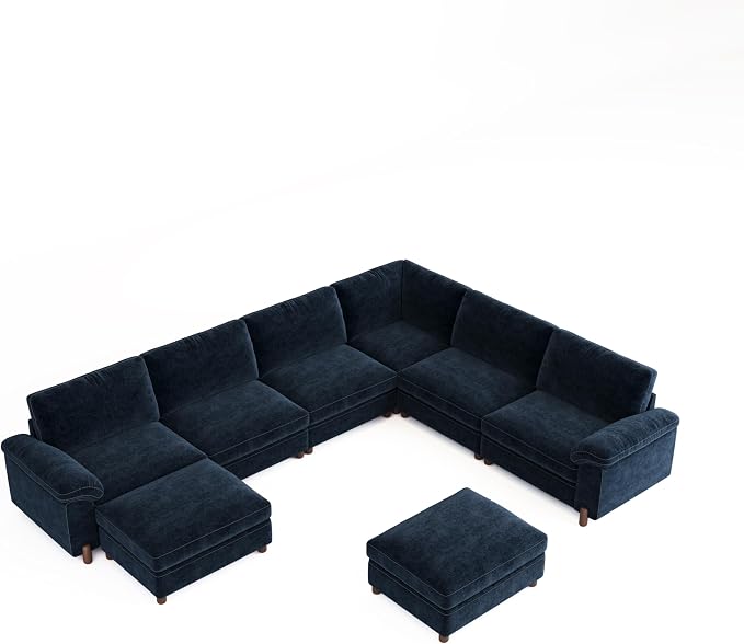 SITJOY Large Cloud Couch, 138" Wide 6 Seater V Shape, Chenille in Navy Blue | Detachable and Washable Chenille Cover Sectional Sofas for Living Room, Deep Seat Wide Couch with Chaise, Storage Ottoman