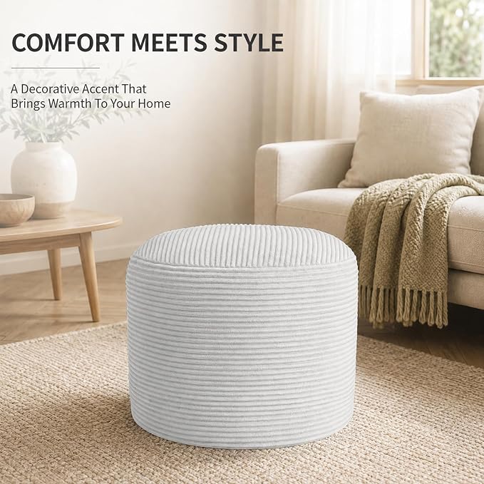 Stuffed Pouf Ottoman Foot Rest with 2.8-inch Solid Foam Base | Odorless Filling Resists Clumping, Washable Corduroy Cover, Round Foot Stool for Living Room Couch Lounging and Home Decor