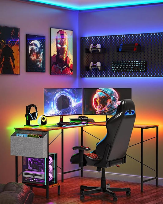 L Shaped Desk - 50" Reversible Home Office Computer Desk, Wood Top, Metal Frame, Side Bag, Sturdy Gaming Desk Corner Table for Work, Writing and Study, Space-Saving