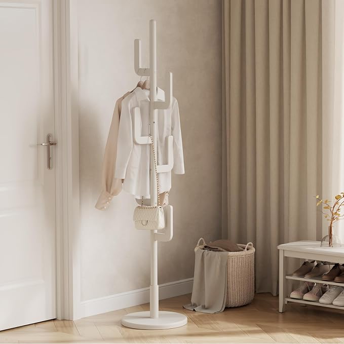 Muwuele Solid Wood Cactus Coat Rack, Freestanding Coat Rack With 6 L-Shaped Hooks and 3 Adjustable Sizes, Coat Tree for Bedroom, Entryway, Livingroom, Coat Hanger Stand for Coats, Handbags (White)