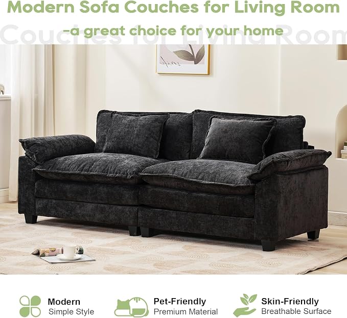 Oprisen 86" Modular Sectional Sofa, Comfy Cloud Couch Sectional Sofa with Ottoman, Chenille Sofa Sleeper Deep Seat Sofa with Throw Pillows for Living Room (Black, 86"- Loveseat)