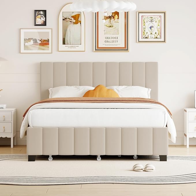 Ball & Cast Queen Size Bed Frame with 2 Drawers and 1 Twin XL Trundle,Velvet Upholstered Platform Bed with Channel Tufted Headboard,Wood Slats Support,No Box Spring Needed,Beige