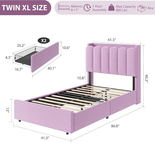 Garvee LED Twin Size Bed Frame with Storage Headboard, Kids Bed Frame with 2 Drawers, Boucle Upholstered Platform Bed for Girls, Chic Wavy Headboard with Bookcase, No Box Spring Needed, Purple