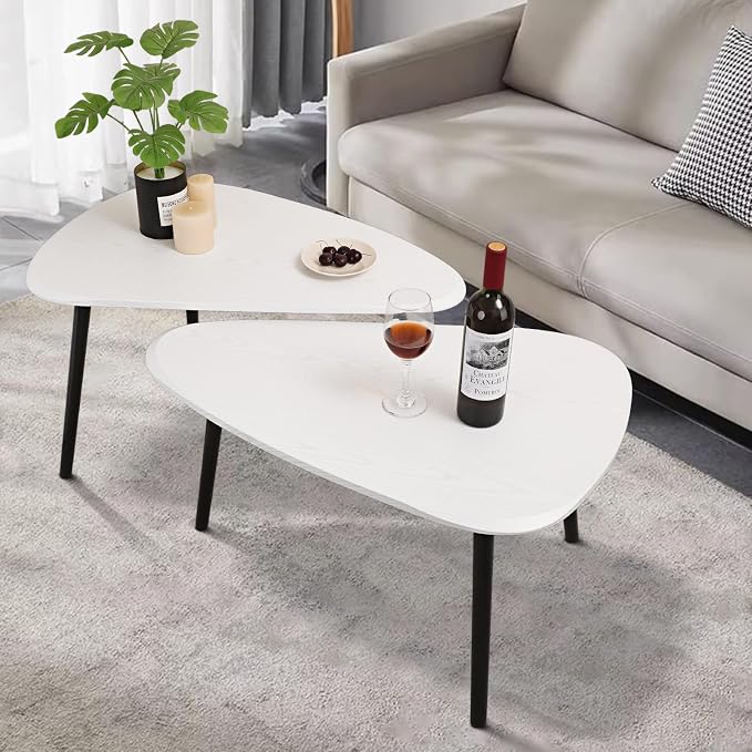 Nesting Triangle Coffee Table End Tables Set of 2 for Living Room Bedroom, Industrial Small Stacking Side Tables for Couch, White