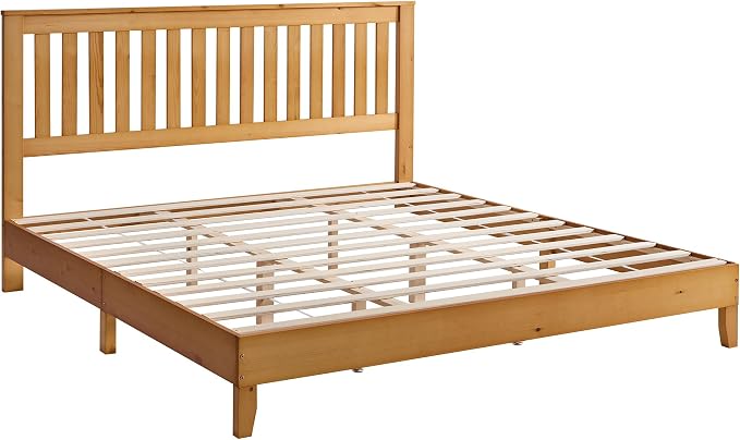 AMERLIFE King Bed Frame, Solid Wood Platform Bed with Vertical Slats Headboard, Wooden Bedframe King-Size, Sturdy Wooden Slats Support, No Box Spring Needed, Noise Free, Light Wood