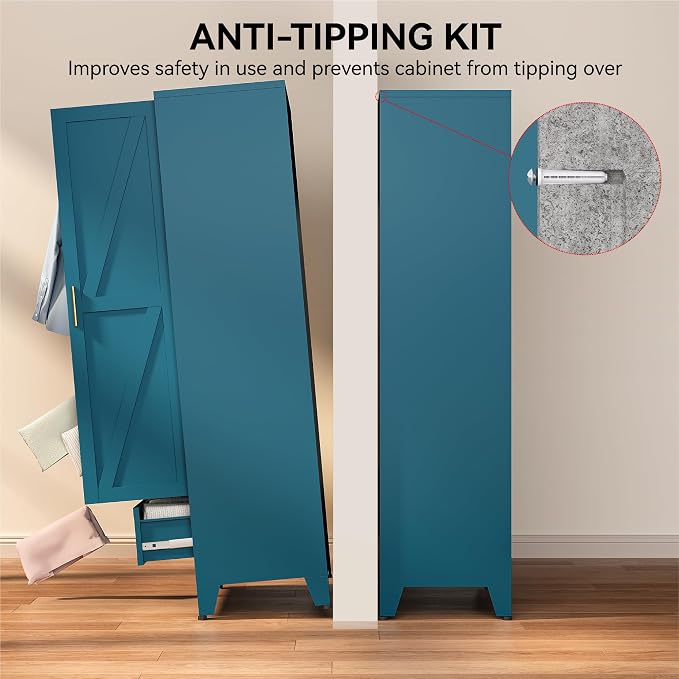 COFaR Metal Wardrobe Closet, 71" Armoire Cabinet with Drawer & Hanging Rod, Freestanding 2-Door Clothing Storage with Adjustable Shelf, Elegant Bedroom Organizer (Peacock Blue)